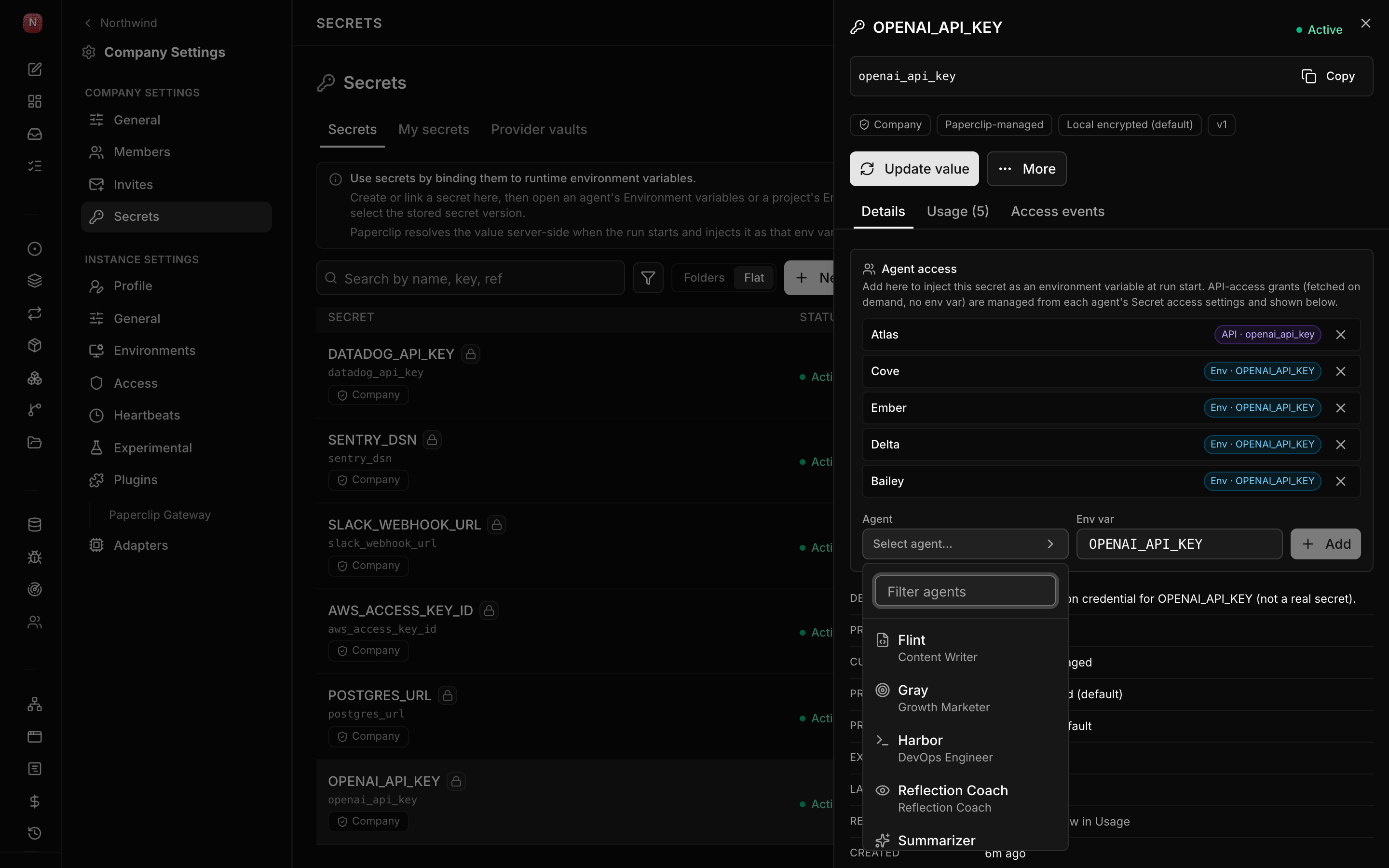 Granting a secret from the company secrets page with the searchable agent picker.