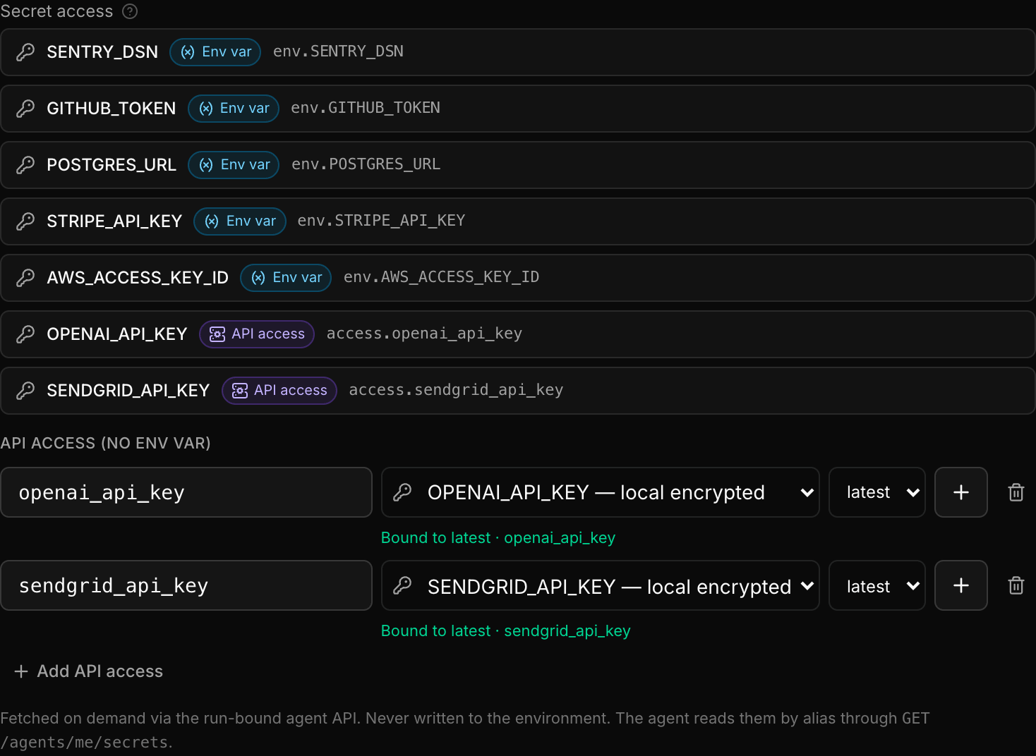 The Secret access editor in an agent's settings, showing which secrets the agent may request and how each one is delivered.