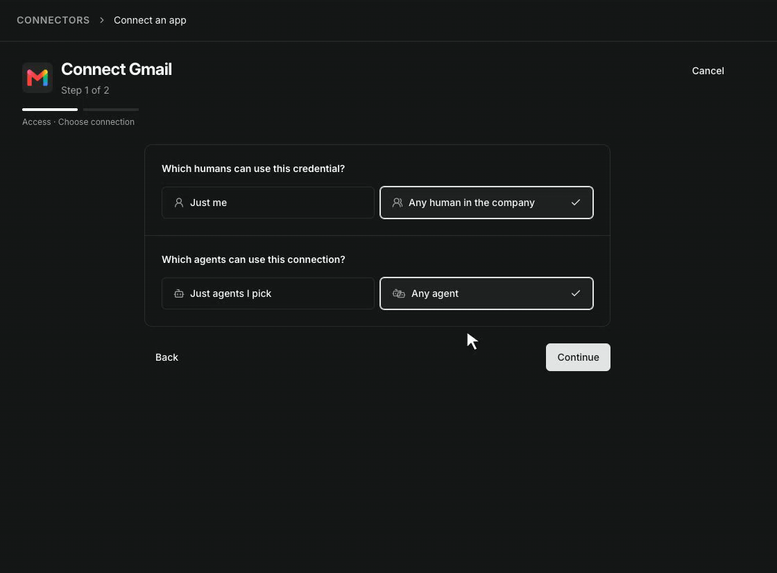Gmail connector setup: choosing which people and agents can use the connection, ending with Chief of Staff selected.