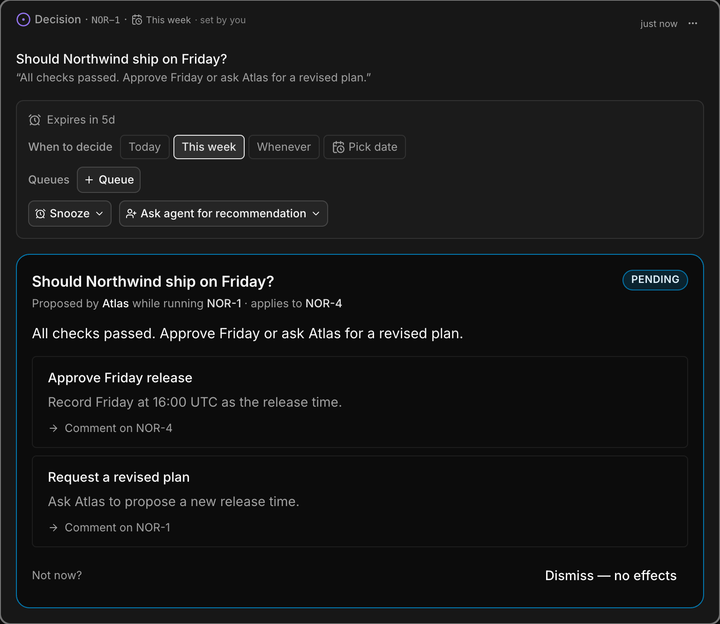 A Northwind release decision with two clear option buttons: Approve Friday release or Request a revised plan.