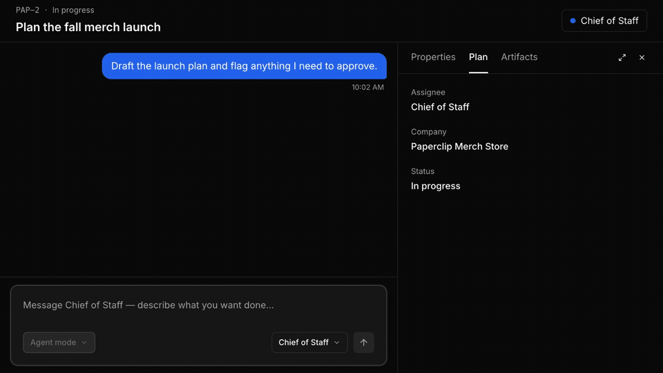 A task conversation opens a linked launch plan, expands it, and adds a comment to selected text.
