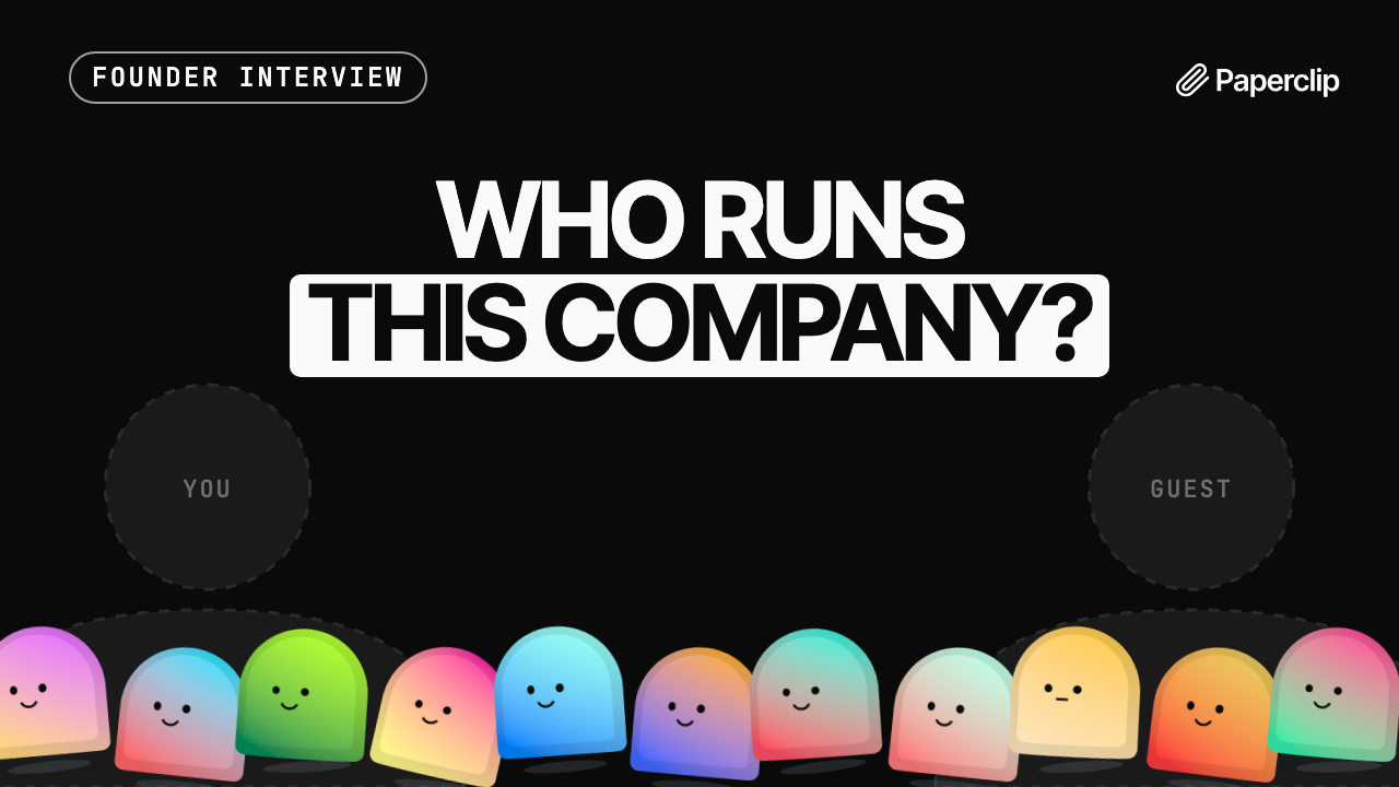 Founder interview thumbnail template: two photo slots, the title Who runs this company, and a row of agent characters