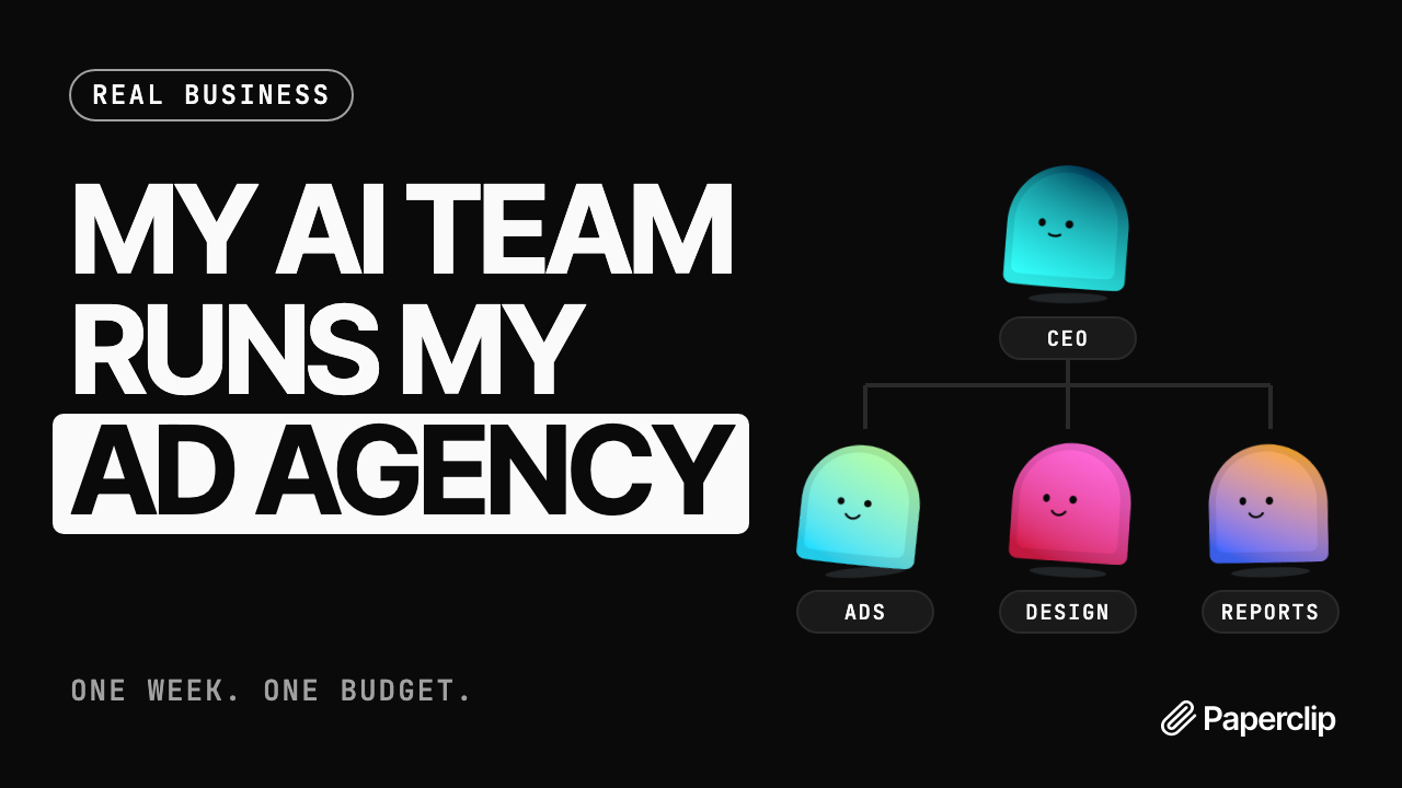 Delegate real work thumbnail template: the title My AI team runs my ad agency beside an org chart of agents